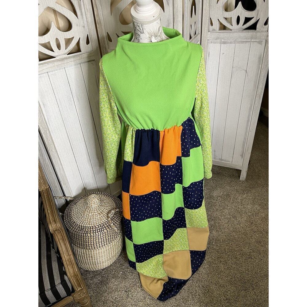 Vintage 60s 70s Patchwork Quilted Maxi Prairie Dress Neon Retro Medium Large